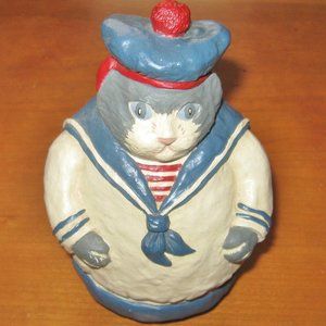 Meow! French Sailor Fat Cat Vintage Handcrafted Painted Pottery Cat Decor